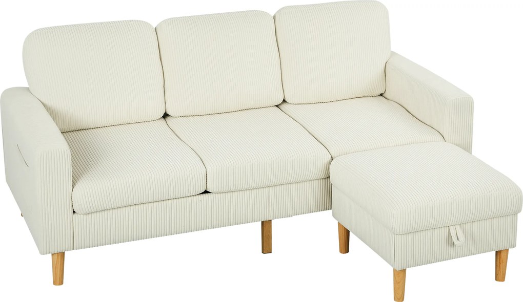 HOMCOM Sofá 3 lugares com pufe, sofá em veludo cotelê, assento e encosto acolchoados, 192x138x85cm, bege | Aosom Portugal