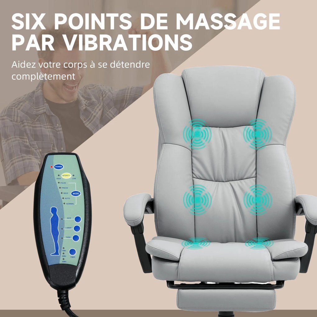 Cadeira de escritório com função de massagem, altura ajustável, encosto reclinável e comando com fio, cinzenta