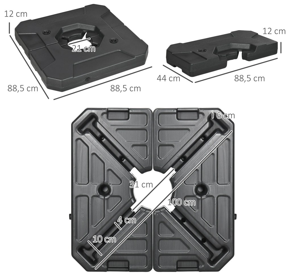 2 Pesos para Base de Chapéu de Sol Recarregáveis de Areia 110 kg ou Água 70 kg para Base Cruzada de Chapéu de Sol Cantilever para Jardim Varanda Exter