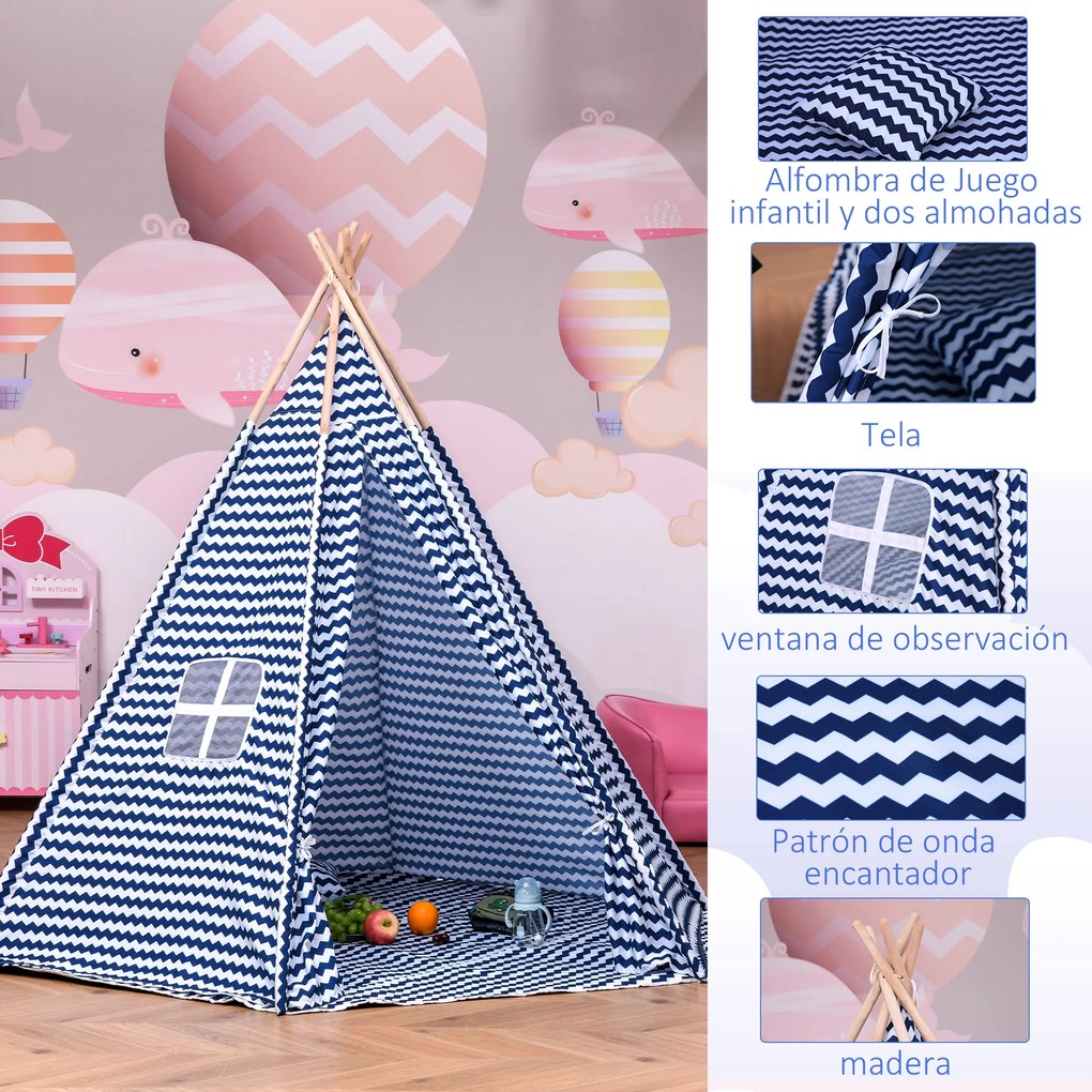 HOMCOM Tenda Infantil Tipi infantil estilo indiano com janela para cobrir o piso e 2 almofadas Bolsa de transporte 200x200x170 cm Azul