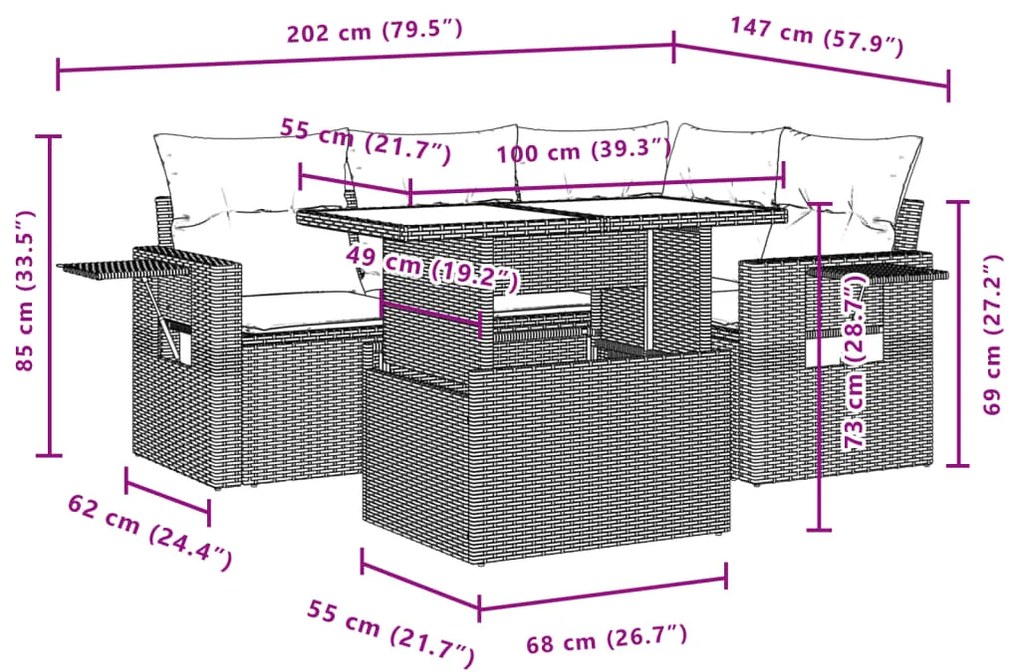 5 pcs conjunto de sofás p/ jardim com almofadões vime PE bege