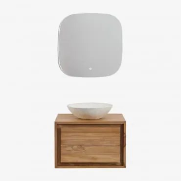 Conjunto De Móveis De Banheiro Em Madeira De Teca Jabari Madeira De Teca & Cimento Redondo Branco Ø40 Cm Zavion & Quadrado Led - Sklum