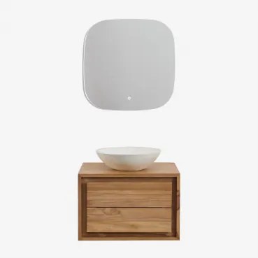 Conjunto De Móvel De Casa De Banho Suspenso Em Madeira De Teca Jabari Madeira De Teca & Cimento Redondo Branco Ø40 Cm Zavion & Quadrado - Sklum