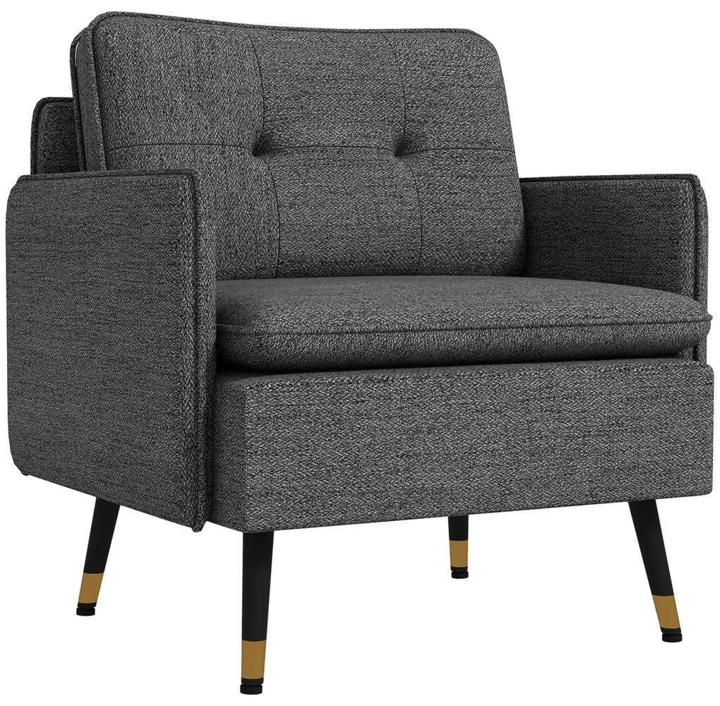 HOMCOM Poltrona Escandinava com Encosto Capitonê e Vivo em Tecido 76x68x80 cm Cinza e Pernas em Metal Preto e Dourado | Aosom Portugal