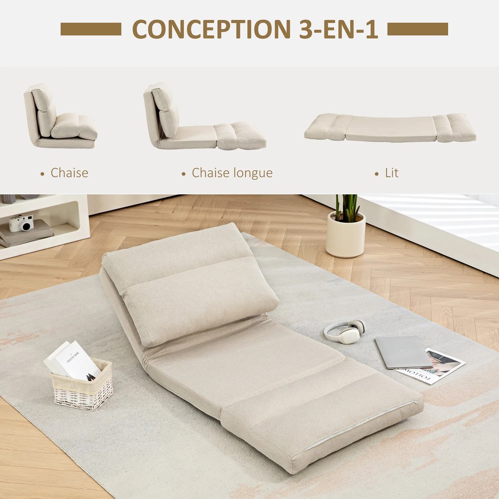 Poltrona de chão, sofá reclinável, poltrona convertível em cama reclinável de 90° a 180°, tecido - 70 x 72 x 56 cm - bege