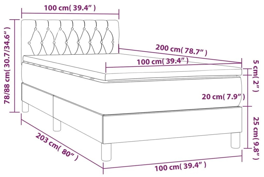 Cama box spring c/ colchão e LED 100x200 cm tecido preto