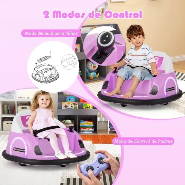 Carrinho de choque para crianças a bateria 6V com luzes LED, conexão sem fio, música e som, rotação de 360°, Rosa