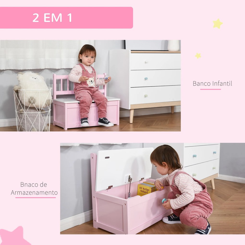Baú de Brinquedos Banco de Armazenamento Infantil de Madeira de Pinho
