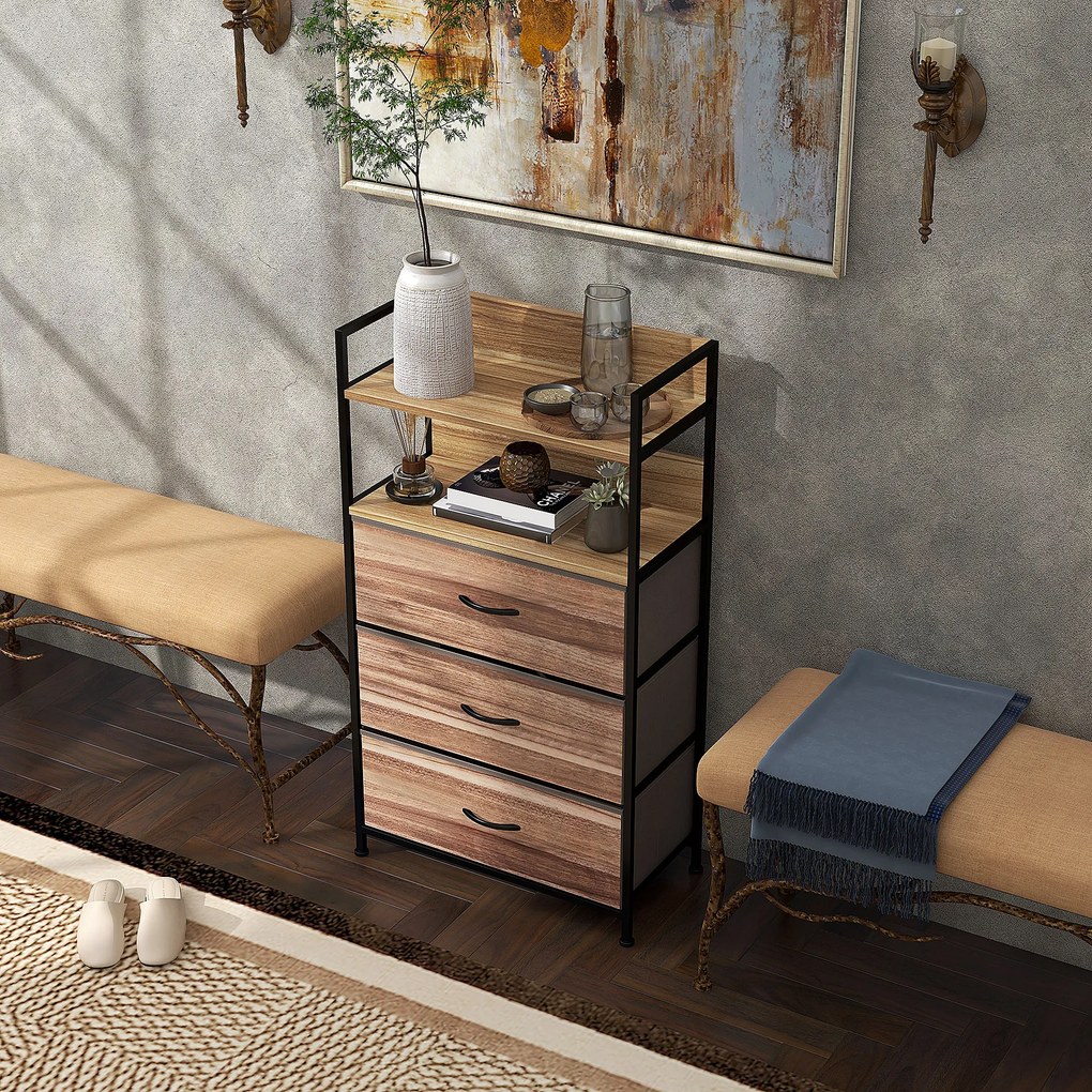 Móvel de arrumação de estilo industrial, com 3 gavetas tecido e 2 prateleiras - 60 x 29 x 101 cm - MDF e metal natural, preto