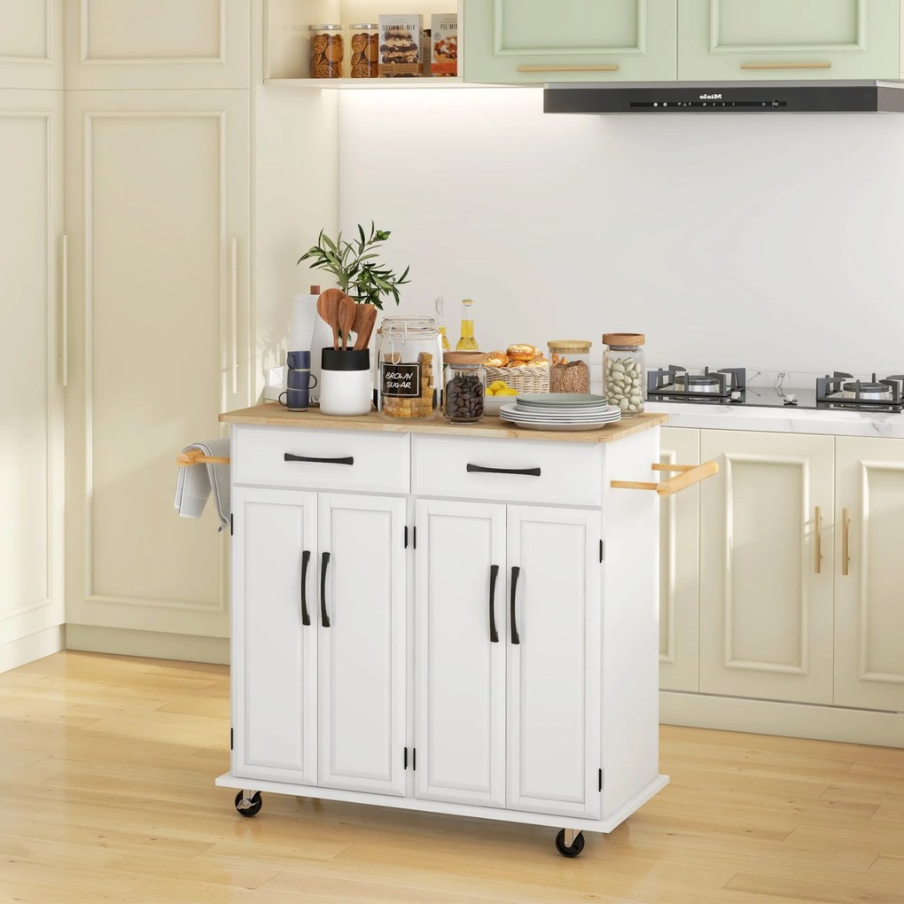 Carrinho de Cozinha Móvel Auxiliar de Jantar com Rodas 4 Portas 2 Gavetas Toalheiros e Prateleiras Ajustáveis 111x44,5x90,5 cm Branco e Carvalho