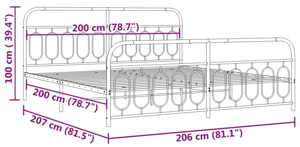 Estrutura de cama com cabeceira e pés 200x200 cm metal preto