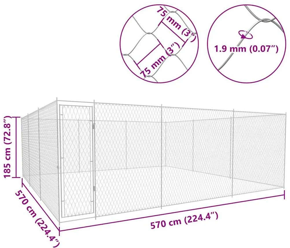 Canil de exterior em aço galvanizado 570x570x185 cm