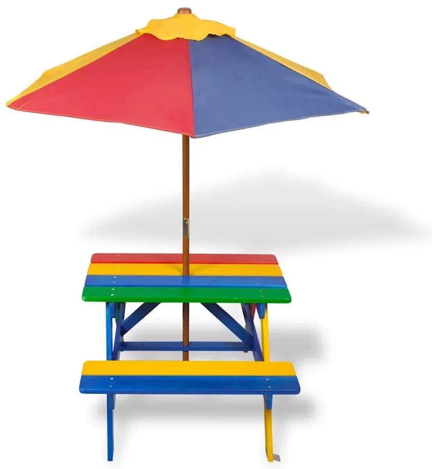 Mesa piquenique infantil + bancos/guarda-sol madeira multicor