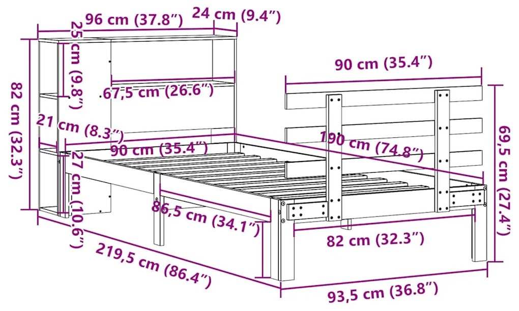 Cama com estante sem colchão 90x190 cm pinho maciço