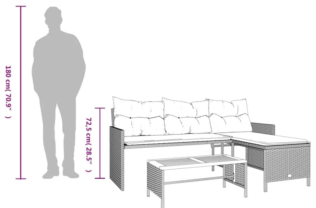 Sofá de jardim forma de L c/ mesa e almofadões vime PE cinzento