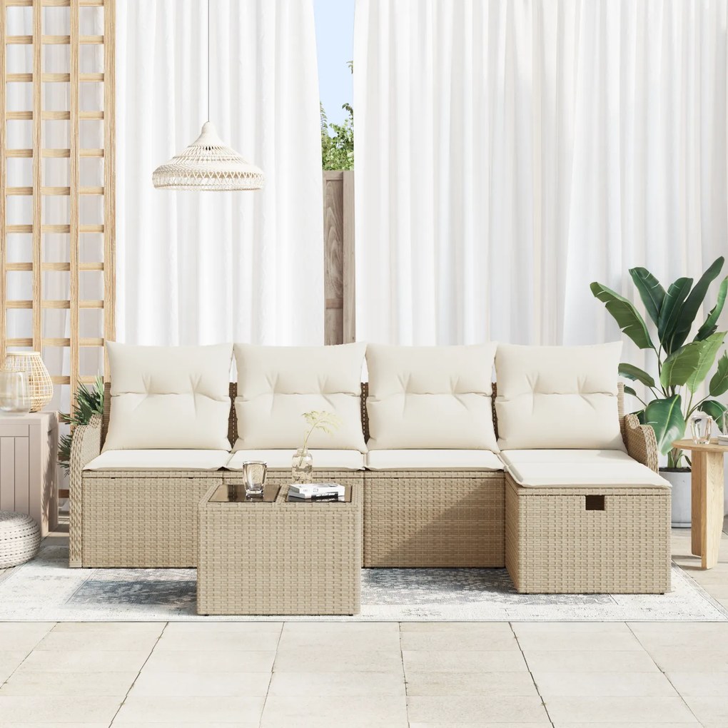 Conjunto de Sofá de Jardim vidaXL de 6 Peças com Almofadas Bege Rattan