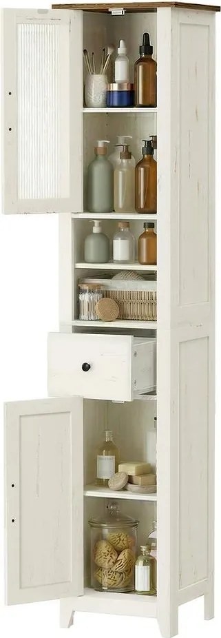 Armário de casa de banho em estilo rústico 31,5 x 33 x 171 cm, armário de casa de banho estreito, Branco-castanho