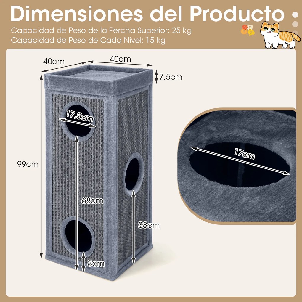 Torre para Gatos de Três Níveis, 40 x 40 x 99 cm, Painéis de Sisal Natural, Cinzento-claro