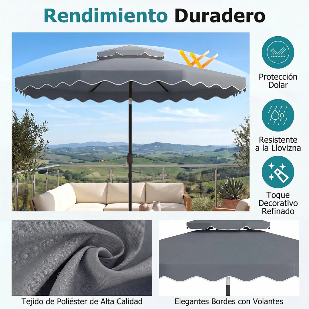 Guarda-sol de 300 cm com inclinação bidirecional de 30° (BASE NÃO INCLUIDA), teto ventilado, 2 camadas, 8 varas metálicas e folhos, para pátio e pisci