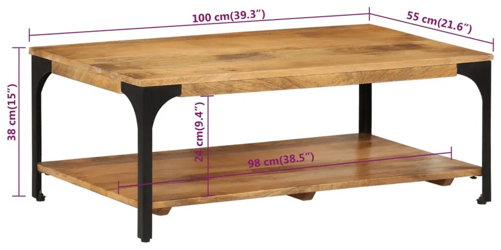 Mesa de centro 2 prateleiras 100x55x38cm mangueira maciça e aço