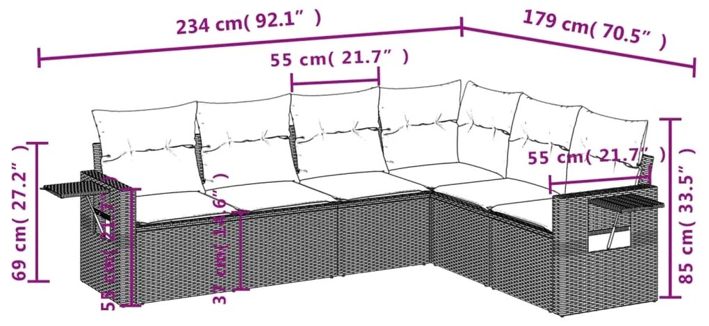 6 pcs conjunto sofás de jardim c/ almofadões vime PE preto