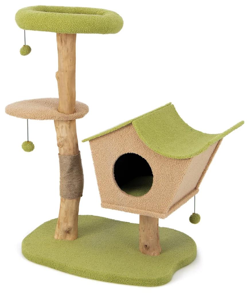 Arranhador para gatos com torre de madeira de 110 cm, com plataforma superior almofadada, com postes para arranhar e plataforma de salto verde