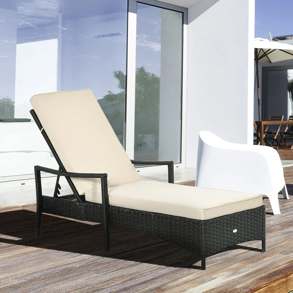 Outsunny Espreguiçadeira de Vime de Jardim Espreguiçadeira com Encosto Ajustável em 4 Posições Almofadas Acolchoadas e Capa Removível para Terraço Pátio Exterior 192x62,5x58-95cm Marrom e Bege
