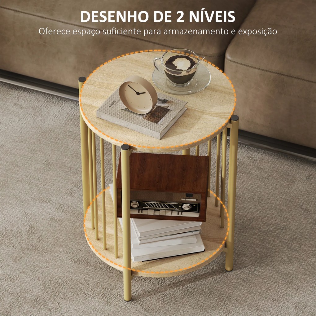 Mesa Lateral Redonda de 2 Níveis com Prateleira de Armazenamento e Estrutura de Aço para Sala e Quarto Ø41x49 cm Madeira