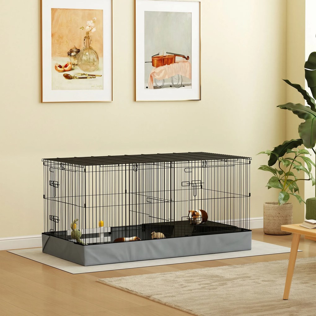 Gaiola 2 em 1 para pequenos animais 121 x 61 x 61 cm com tampa amovível, recinto para coelhos com 2 zonas separadas e rampa, em aço preto