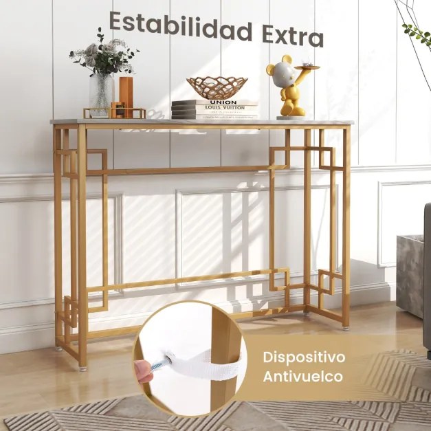 Mesa consola estreita com mesa lateral superior de mármore com dispositivo anti-tombamento para entrada da sala 110 x 30 x 81 cm branco e dourado