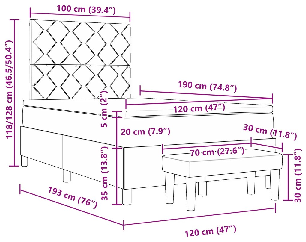 Cama Box Spring com Colchão e Banco Cinza Escuro 120x190 cm Tecido