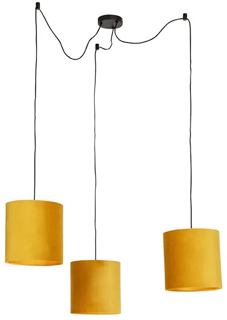 Candeeiro de suspensão com 3 abajures de veludo amarelo com dourado - Cava Country / Rústico