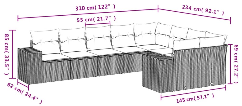 9 pcs conjunto sofás p/ jardim com almofadões vime PE cinzento