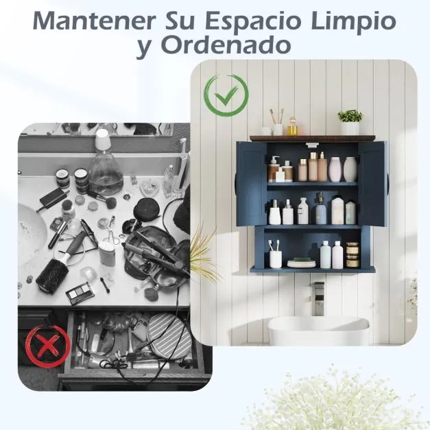 Armário de parede casa de banho, sala, cozinha ou entrada 55 x 19 x 60 cm com portas em estilo rústico, prateleira ajustável e compartimento aberto Az