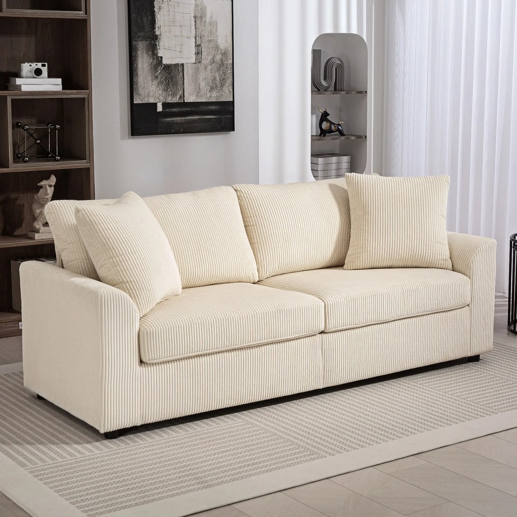 Sofá de 3 lugares com 212 cm, com 2 almofadas de molas, tecido de veludo canelado, creme