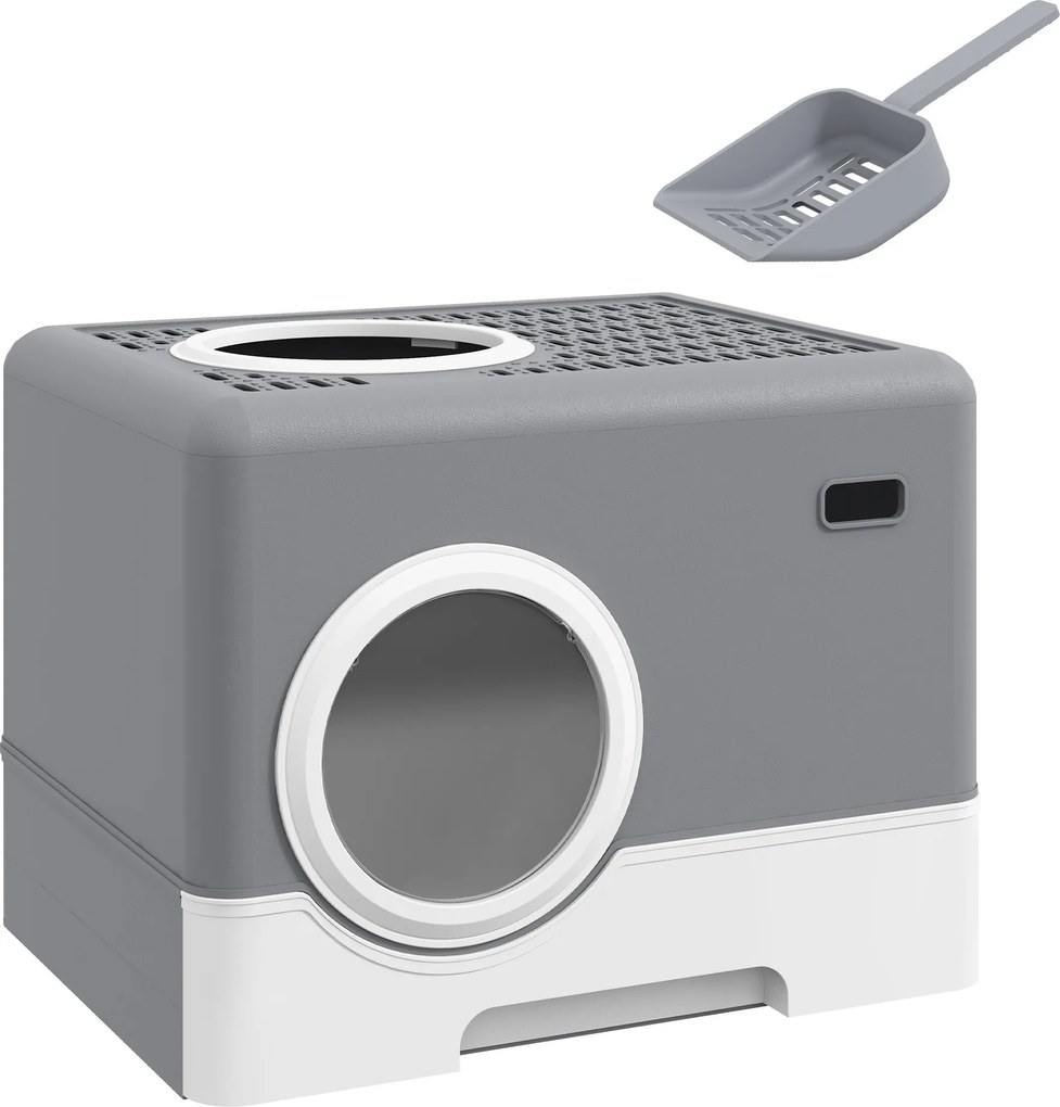 Caixa de Areia para Gatos com Pá Bandeja Removível 2 Portas Entrada Frontal e Saída Superior 52x41x38,5 cm Cinzento