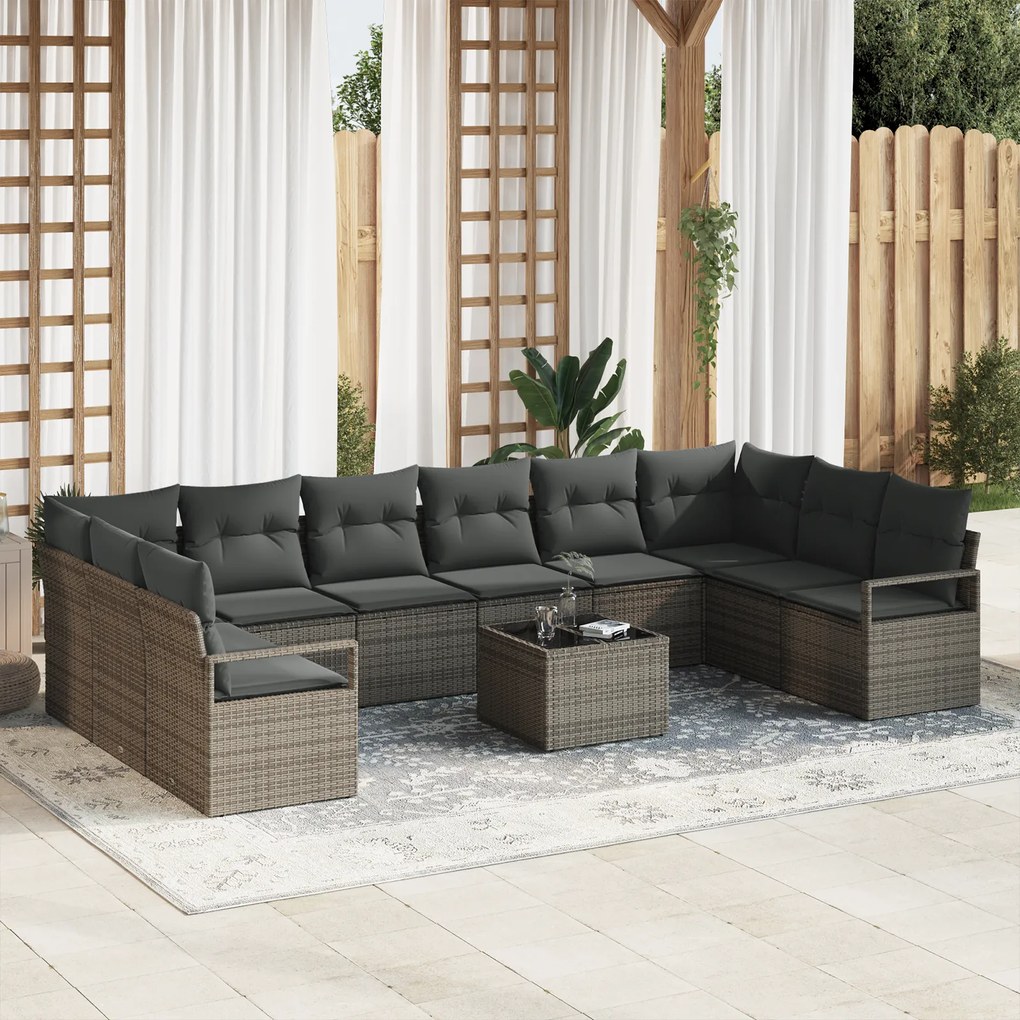 Conjunto de Sofá de Jardim vidaXL 10 Peças com Almofadas Vime PE Preto