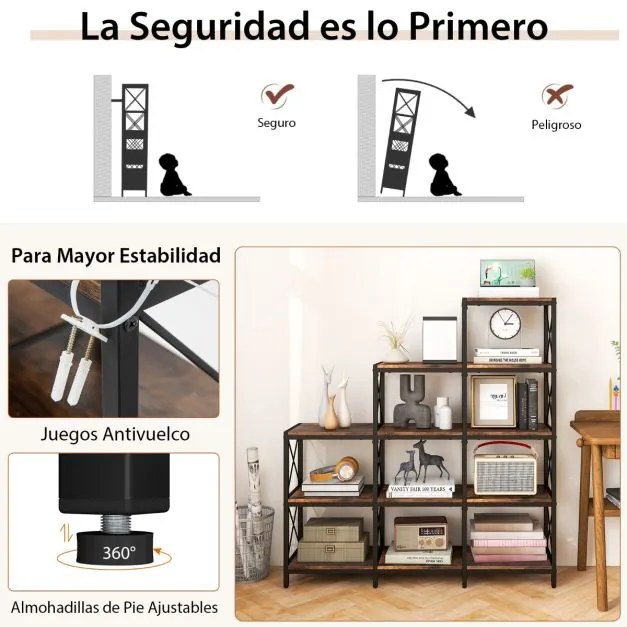 Estante escalonada em aço carbono com 9 cubos Estante aberta com 12 prateleiras 115 x 30 x 130 cm Castanho