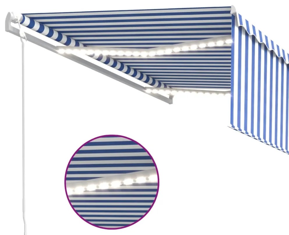 Toldo automático c/ estore/LED/sensor vento 4,5x3 m azul/branco