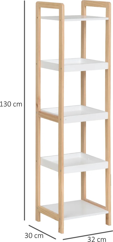 Estante de casa de banho em bambu, modelo vertical, com 3 cestos + 2 prateleiras, 32 x 30 x 130 cm, bege e branco