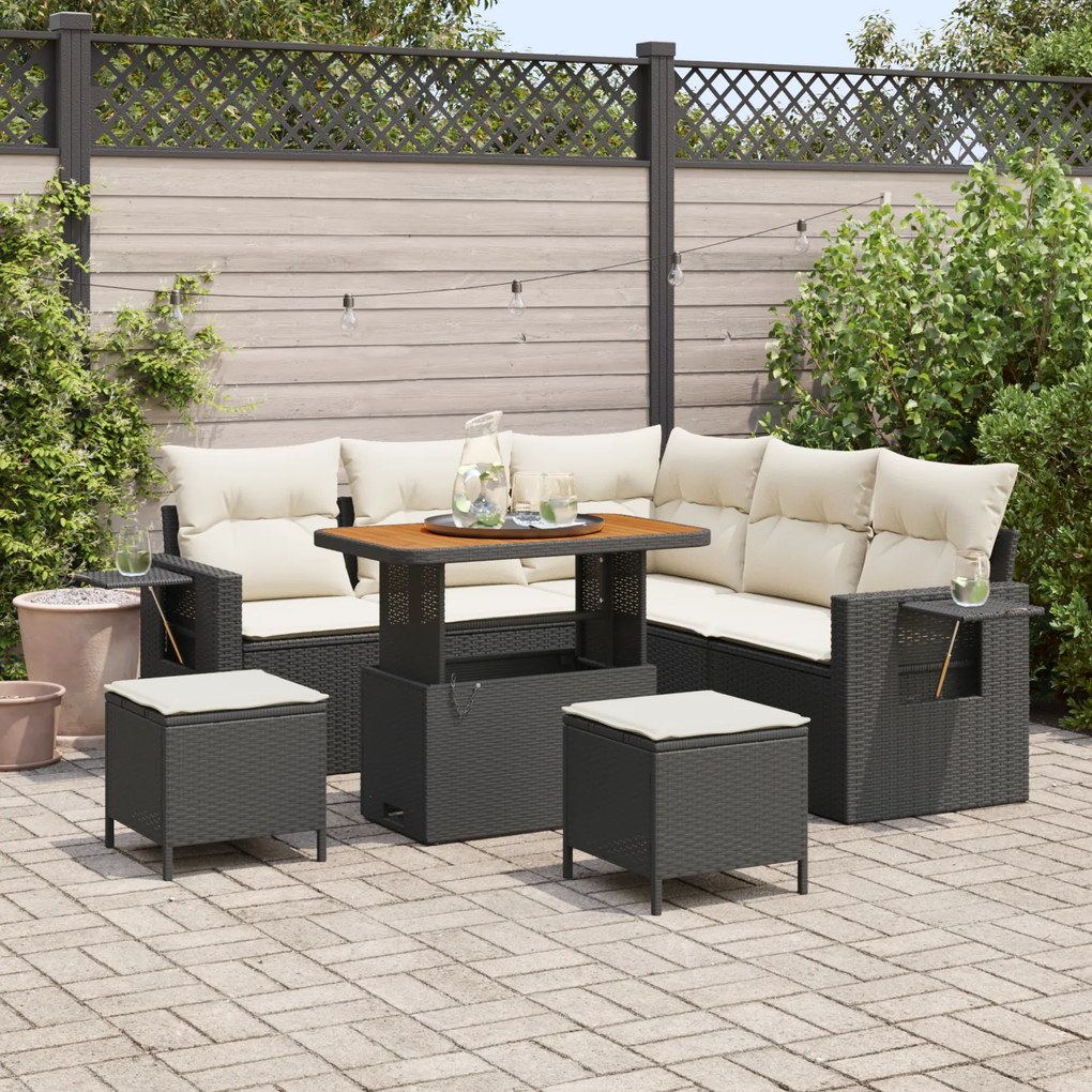 vidaXL Conjunto de Sofa de Jardim de 8 Peças com Almofadas Preto Rattan de Polietileno Acácia