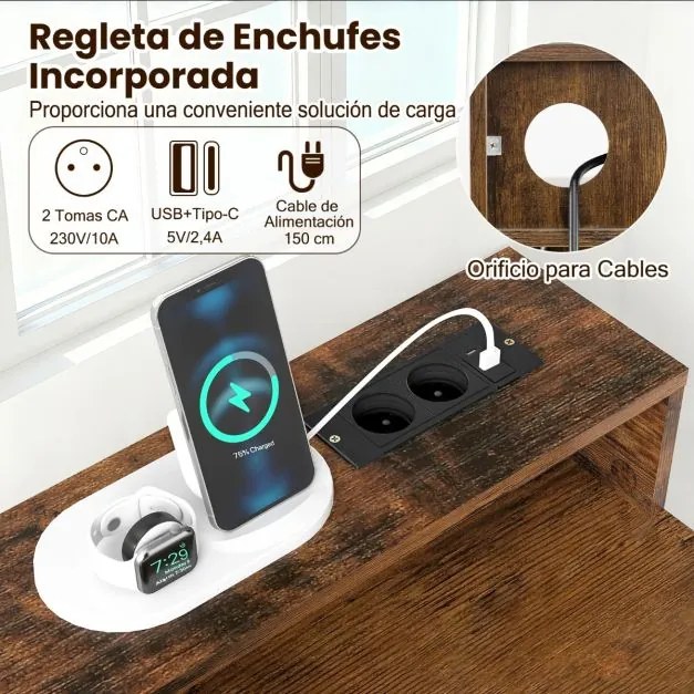 Secretária para computador 106 x 48 x 90 cm com tomadas com armário superior, gaveta e 2 prateleiras abertas Estrutura Castanha