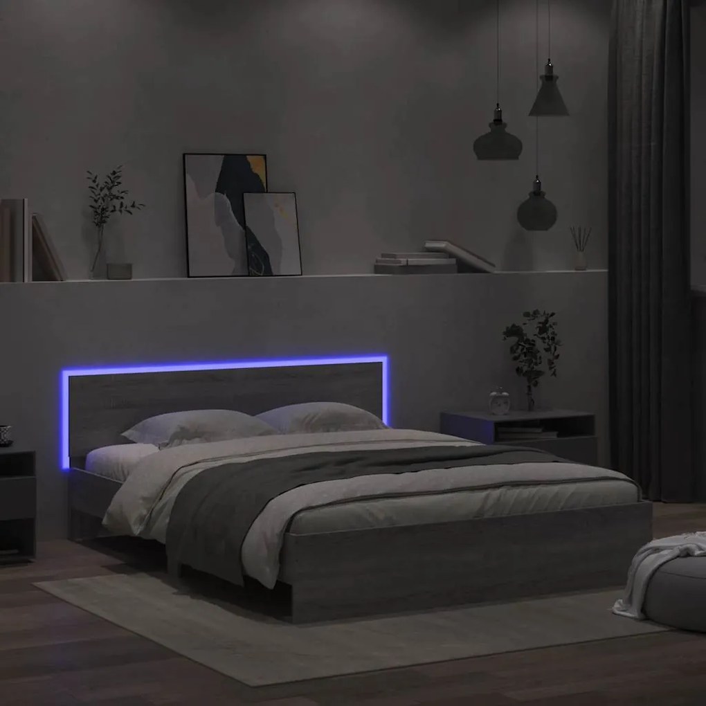 Estrutura cama c/ cabeceira/luzes LED 150x200cm cinzento sonoma