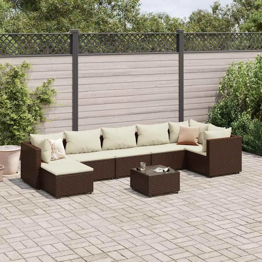 8 pcs conjunto lounge de jardim c/ almofadões vime PE castanho