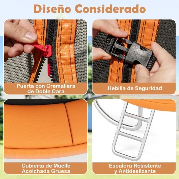 Trampolim para exterior com cerca de segurança, escada e pernas curvas robustas para crianças e adultos, 244 cm, laranja