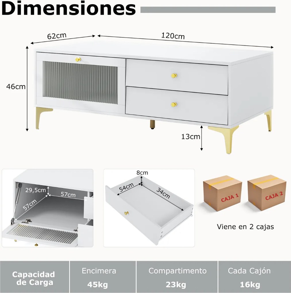 Móvel TV para televisões até 55'' com gaveta Porta de vidro temperado com aba e pernas de metal para sala de estar Branco