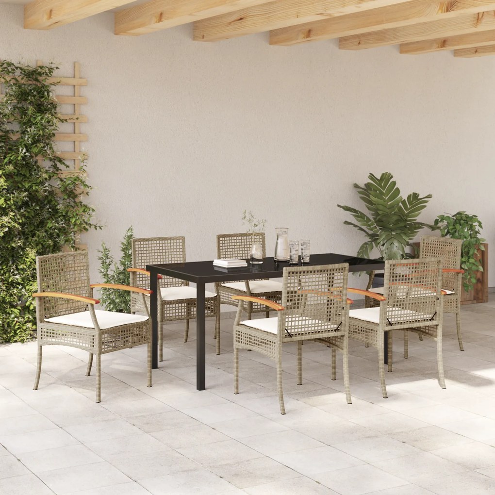 Conjunto de Jantar de Jardim de 7 peças com Almofadas Bege de Vime Pol
