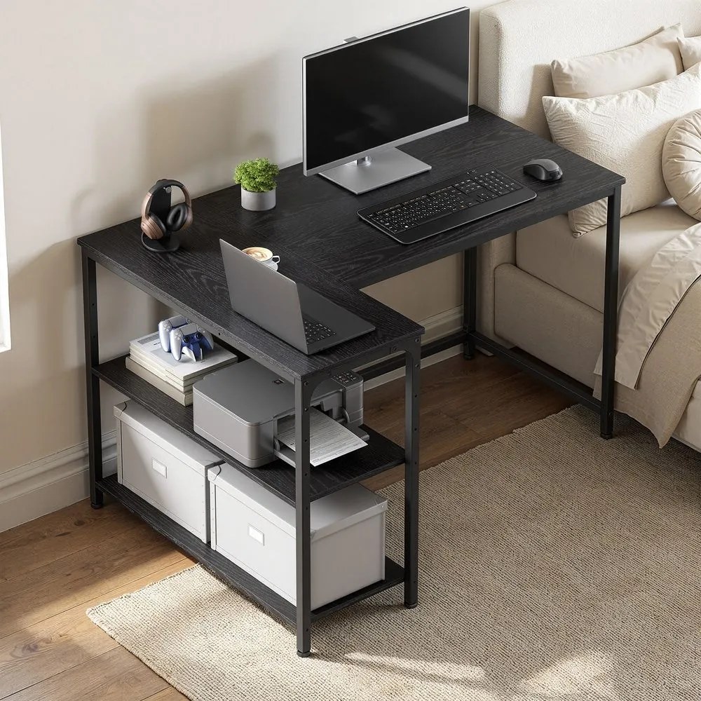 Secretária com espaço de arrumação, em L 110 x 80 x 76 cm, prateleira ajustável em altura Preto