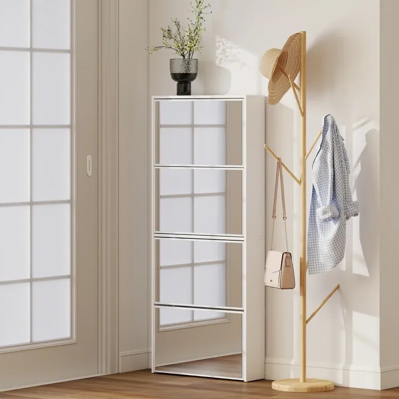 Sapateira Estreita com Espelho 4 Portas Abatíveis para 12 Pares de Sapatos para Espaços Reduzidos 63x17x146 cm Branco