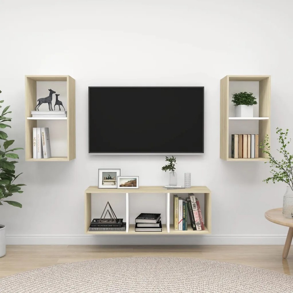 vidaXL 3pcs conj. móveis TV derivados madeira branco/carvalho sonoma